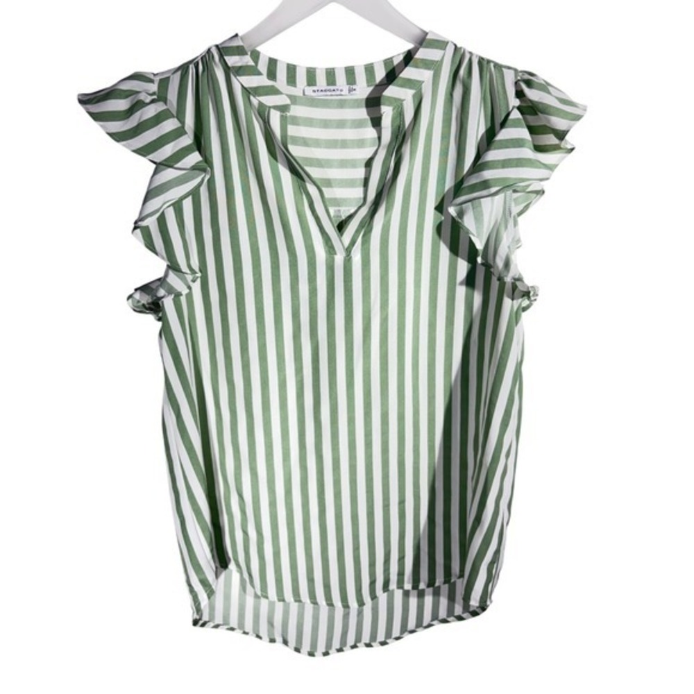 Staccato‎ Green White Striped Flutter Ruffle Sleeve V-Neck Blouse Top Small